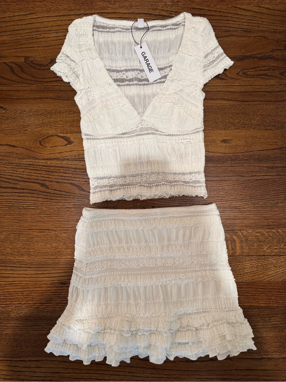 Garage White Ruffled Two-Piece Top & Mini Skort Set